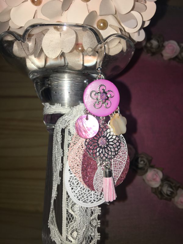 La Chouette Opaline - Bijoux fantaisies - Femmes - Boucles d'oreilles fantaisies - Nuances de rose - filigrane de différentes tailles, formes et couleurs, sequin de simili pailletée rose - sequins de nacre de différentes formes et couleurs - pastilles de nacre rose